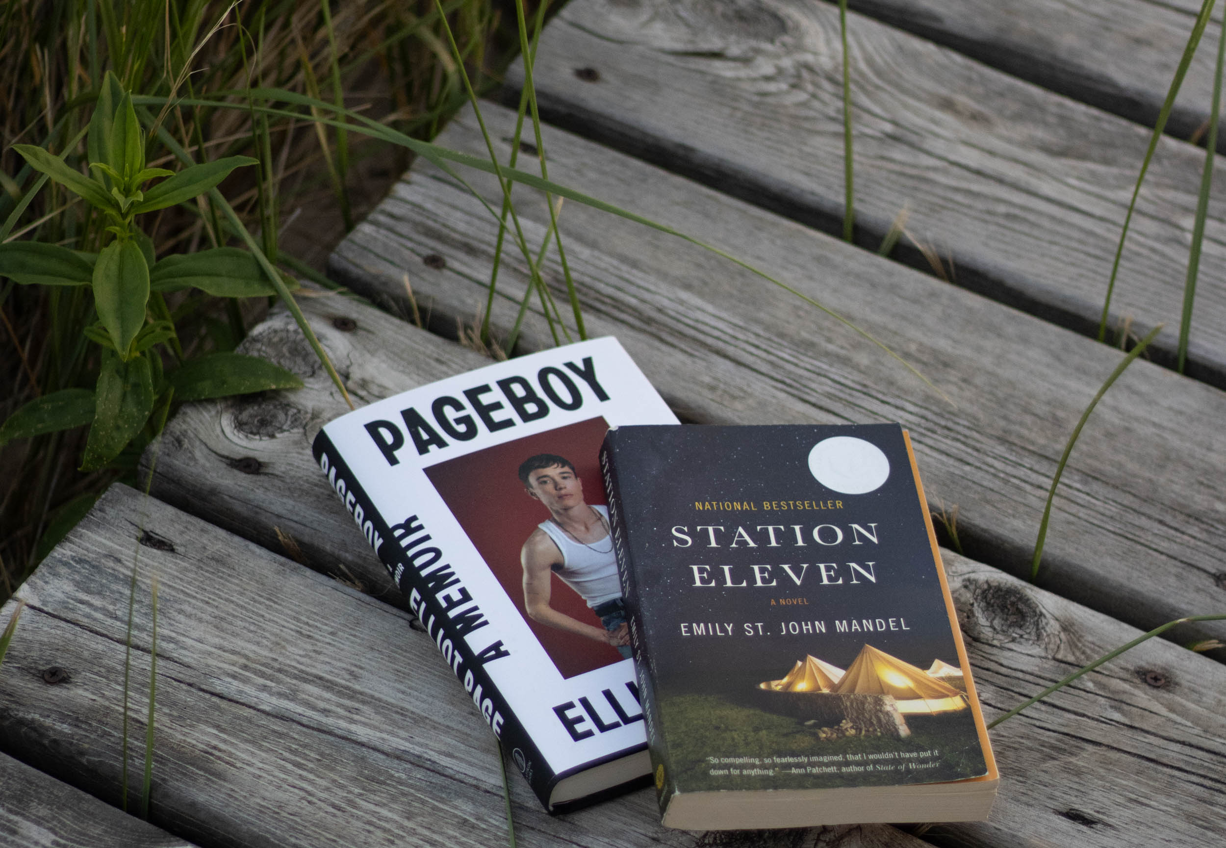 Photo of two books, Station Eleven and Pageboy, laying on a wood deck with some grass in the background.