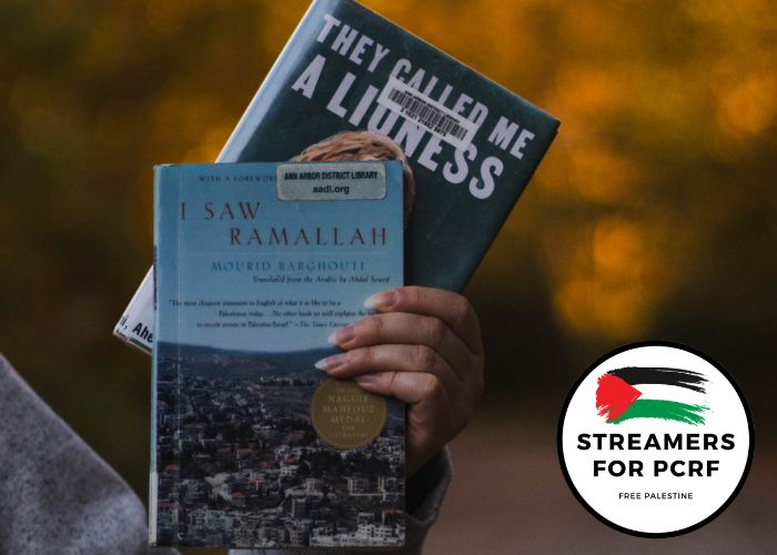 Photo of Bella's hand holding up two books, I Saw Ramallah and They Called Me A Lioness. The bottom right of the photo includes a circle with the Palestinian flag and the words 'Streamers for PCRF - Free Palestine.'